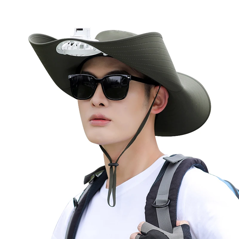 Mens Summer Large Brim Fishing Cowboy Hats Large Brim UV Protection Bucket Hat Outdoor Hiking Breathable Fisherman Hat with Fan