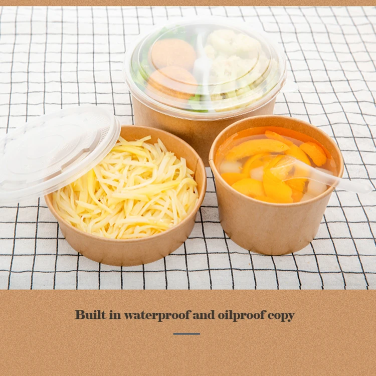  Hot sale Kraft paper Bowl 500ml salad packaging soup pack bowls with PP
