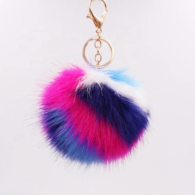 Multicolor Faux Fur Pompom Ball Keychain metal Ring Women Hand bag Charm