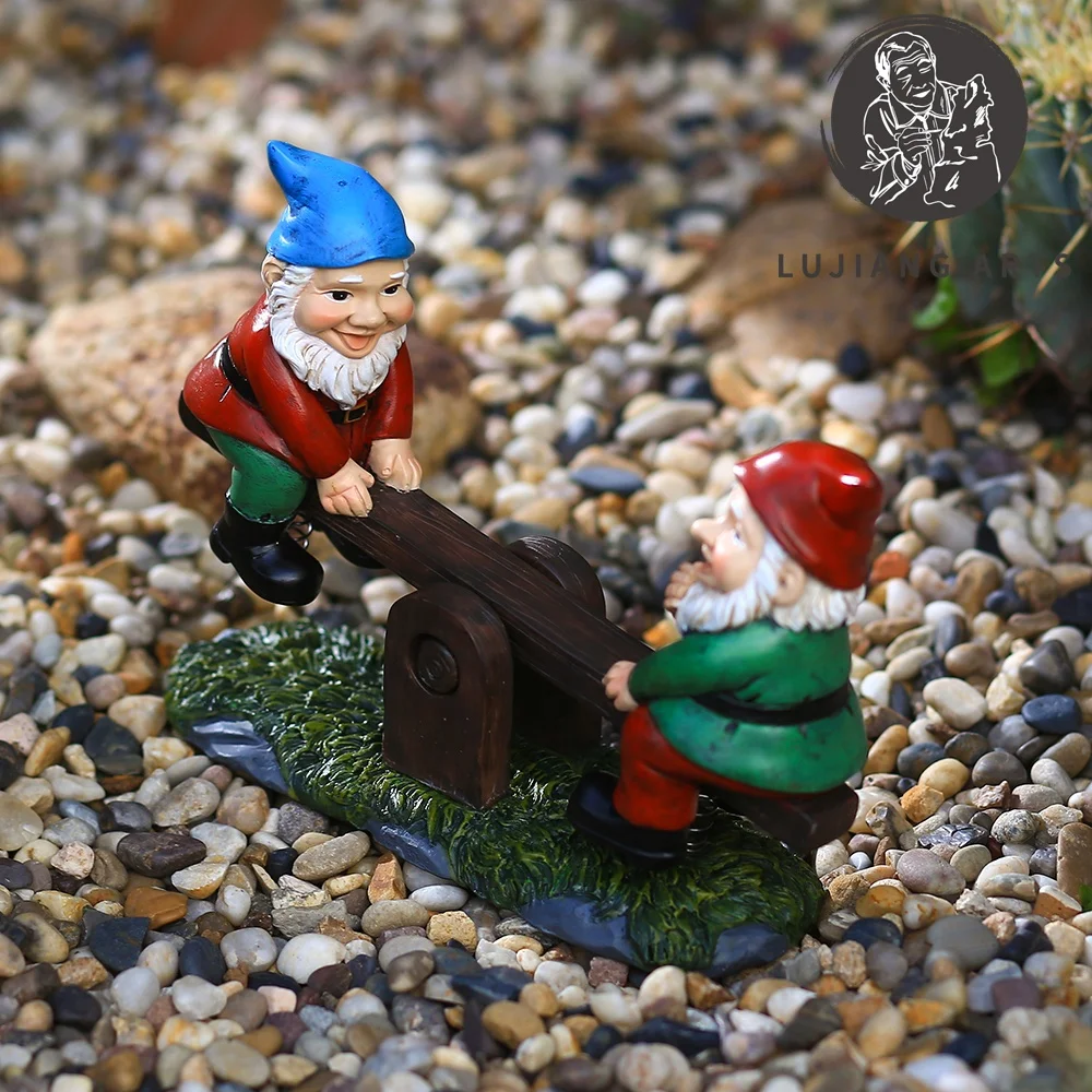 7.8 inch Gnome on Seesaw Statue Resin Gnome Sculpture Decoration Funny Gnome on Seesaw Figurine Garden Gift