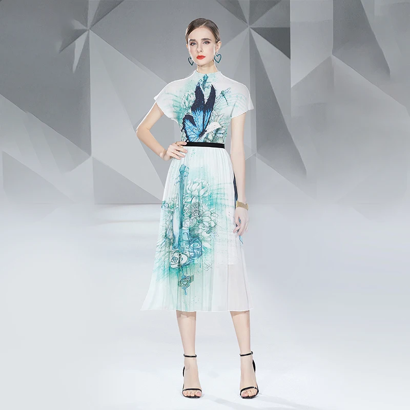 Manufacturer Wholesale High Quality Printed Pleated Skirt Women Summer Printing Elastic Waist Long Pleated Skirts Elegant