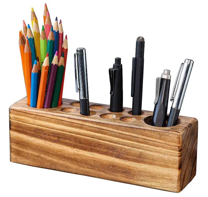 rustic paulownia Desk Pen Holder, Solid Wood Desk Organizer, Rustic Wooden Pencil Holder for Office