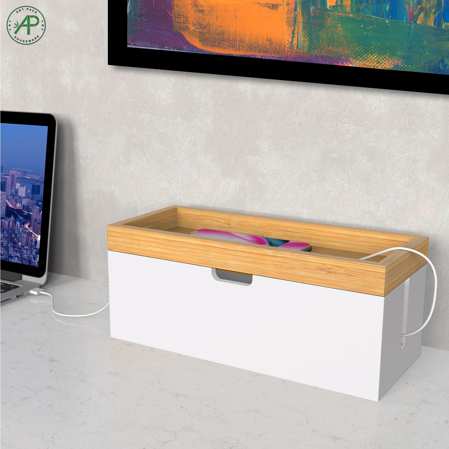 Factory Supply Large Natural Bamboo White Cable Organizer Storage Management Box to Store Chargers Power Strips Cables