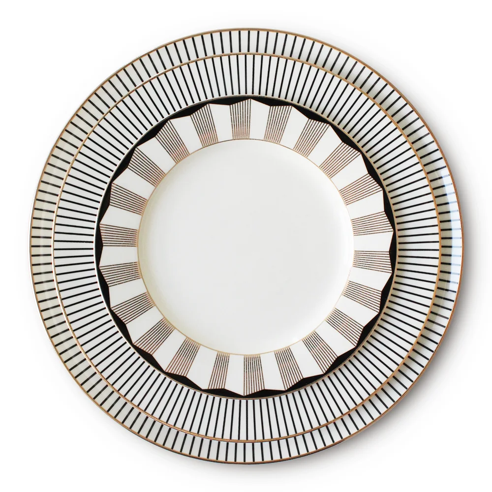 High Quality Ceramic Dinnerware Gold Black Plate Set White Stripe Plates Tableware With Coffee Cup