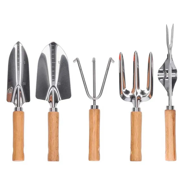 5 Piece stainless steel Garden hand Tool Set kit with wood handle gardening tools and equipment garden shovel weeder trowel