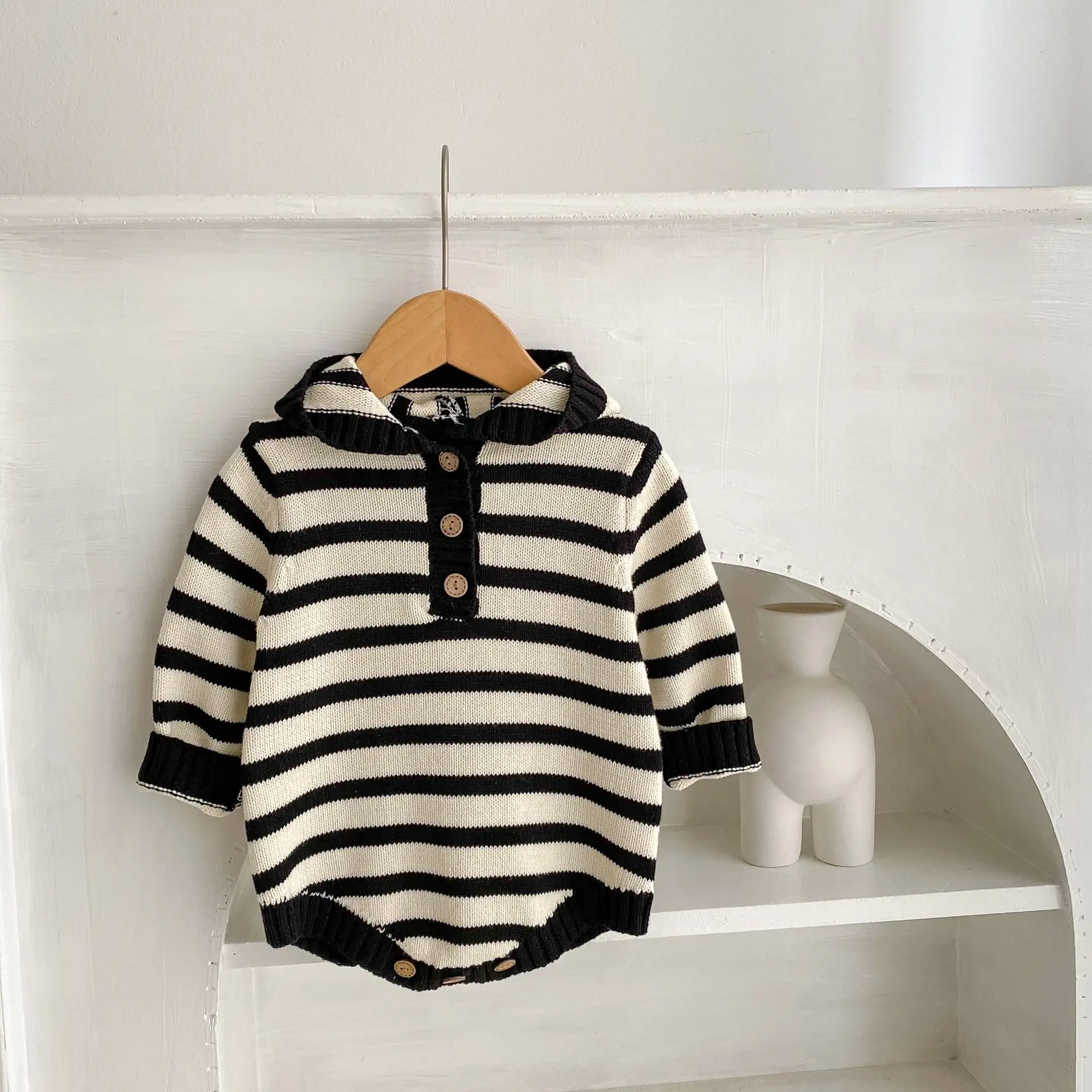 Instagram Spring Clothing Baby Boys Girls Babies Striped Hooded Cotton Jumpsuit Buttocks Jumpsuit Climbing Suit
