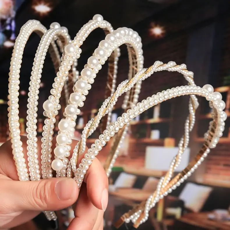 Hot sale Bridal Hair Accessories Female Hand Woven Knotted Pearl Beaded Headdress Bow Knot Hair Hoop