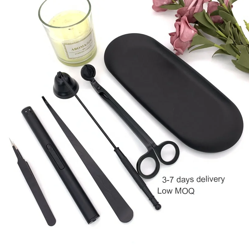 Wholesale stainless steel 6pcs set dipper candle lighter candle snuffer candle box electric lighter wick trimmer custom logo