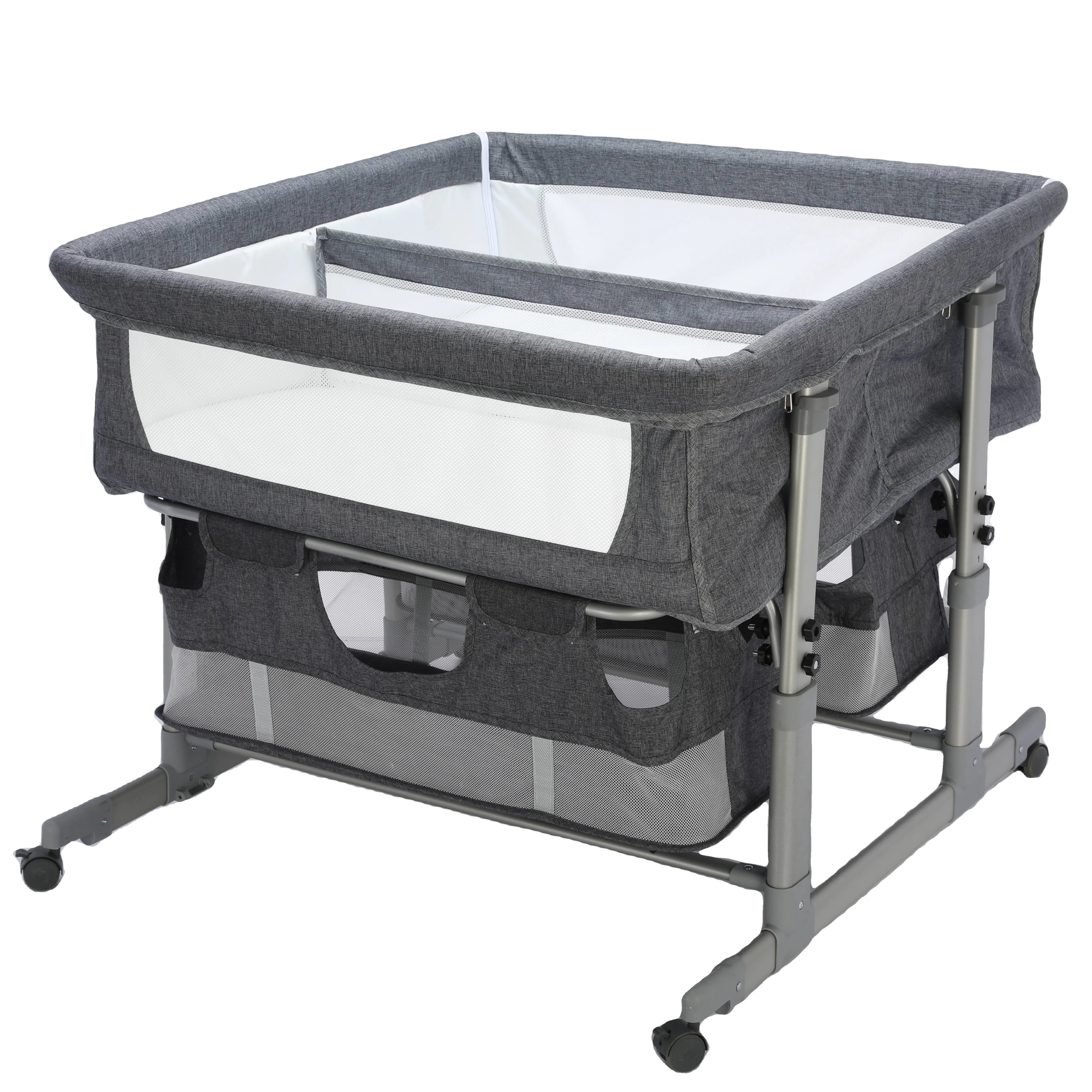 2024 New Model Twin Baby Crib with Height Adjustable and Foldable Bed Double Storage Basket for Bedroom School or Hotel Use