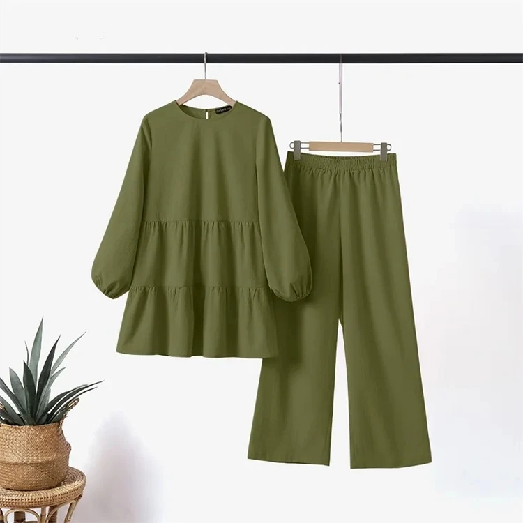 Custom islamic clothing muslim blouse pant 2 piece set women muslim loose solid color  shirt pants suit