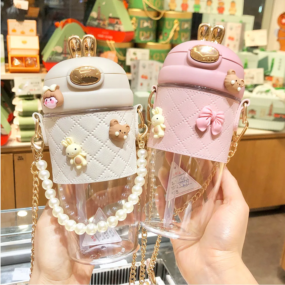 Wholesale Bpa Free Cute Kids Girls gift School Portable Silicone Case Plastic Water Bottle with Straw Metal Chain Strap Pearls