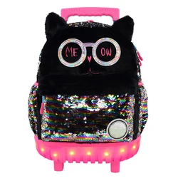 Stylish quality children plush animal sequin cute kids trolley rolling school bag  backpack with LED lights for school girls