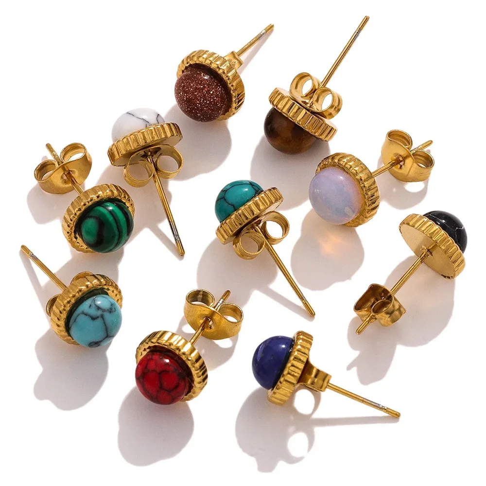 Female Stainless Steel Natural Stone Earrings Titanium Steel Earrings Tiger Eye Stone Amethyst Inlaid Earrings