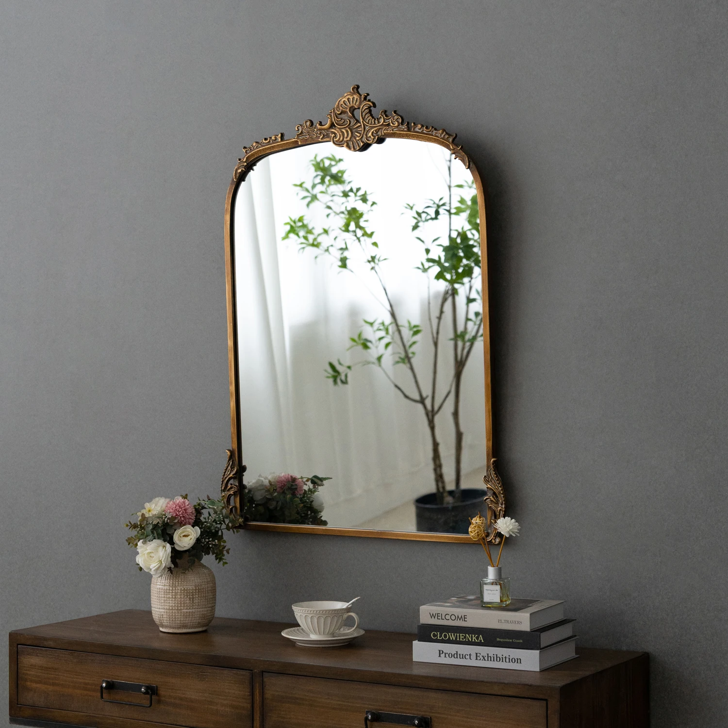 Ornate Iron Flower French Metal Wall Floor Arch Gold Floor standing Mirror with top decorated