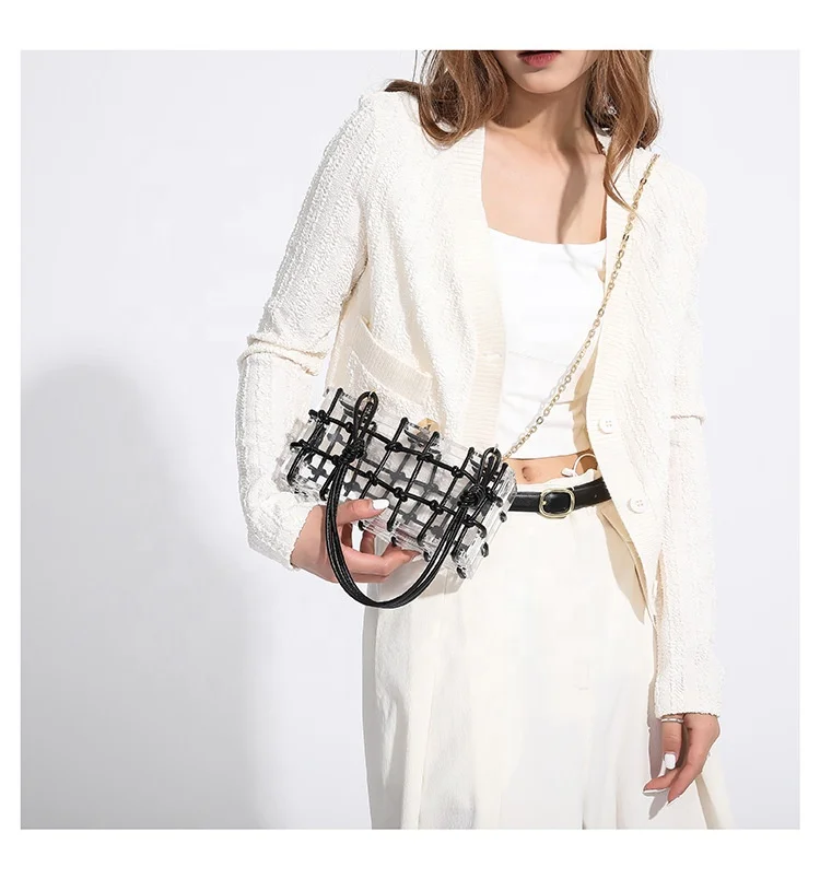 New Arrival Acrylic Transparent Evening Bag Woven Hollow Out Chain Square Bag Makeup Clutch For Ladies