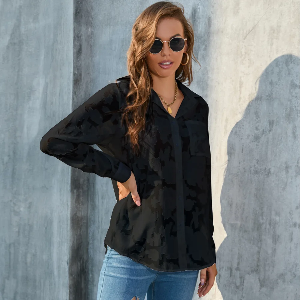 Hot Sale Jacquard Fabric Over Size Women Shirt Loose Fit Casual Chiffon Blouse Big Size Shirt