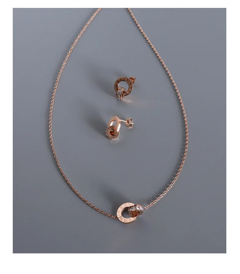 Stainless Steel 18K Gold Double Ring Roman Number Necklace Sticky Diamond Double Ring Stud Earrings Set