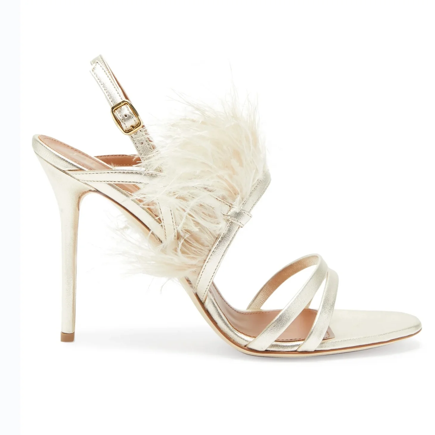 Anmairon New Arrivals 2021 Real Feather Round Toe Buckle Strap Stiletto Heels Spike in Gold Faux Leather Women Heel Sandal