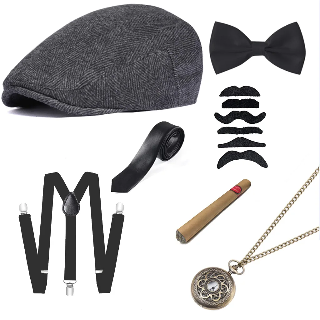 1920s Men Great Gatsby Gangster Fedora Paperboy Beret Hat Pocket Watch Bow Tie Halloween Cosplay Costume Accessories Set