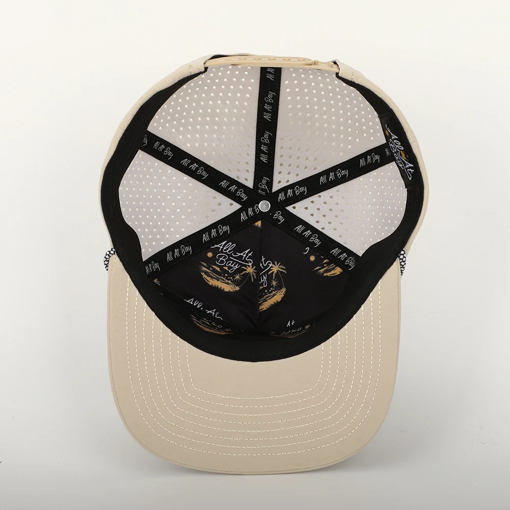 BSCI Oem Custom Logo 5 Panel Nylon Rope Snapback Cap,Flat Bill Unstructured Gorras,Waterproof Laser Cut Hole Perforated Hat