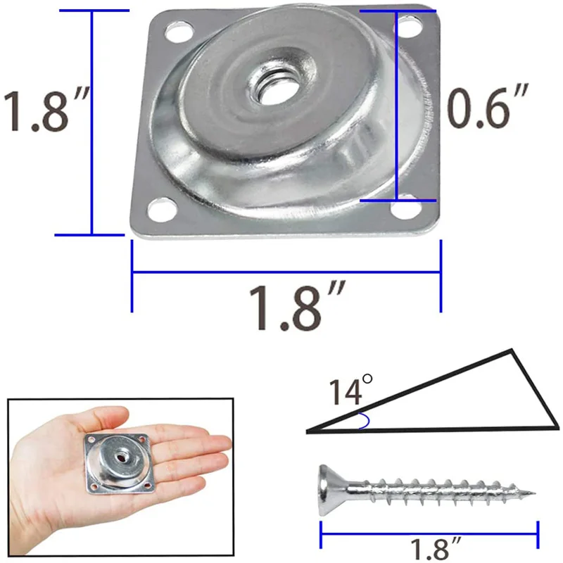 Angled Mounting Plates for Furniture Legs 14 Degree Slanted Sofa Legs Attachment Plates for 5/16 inch Hanger Bolts