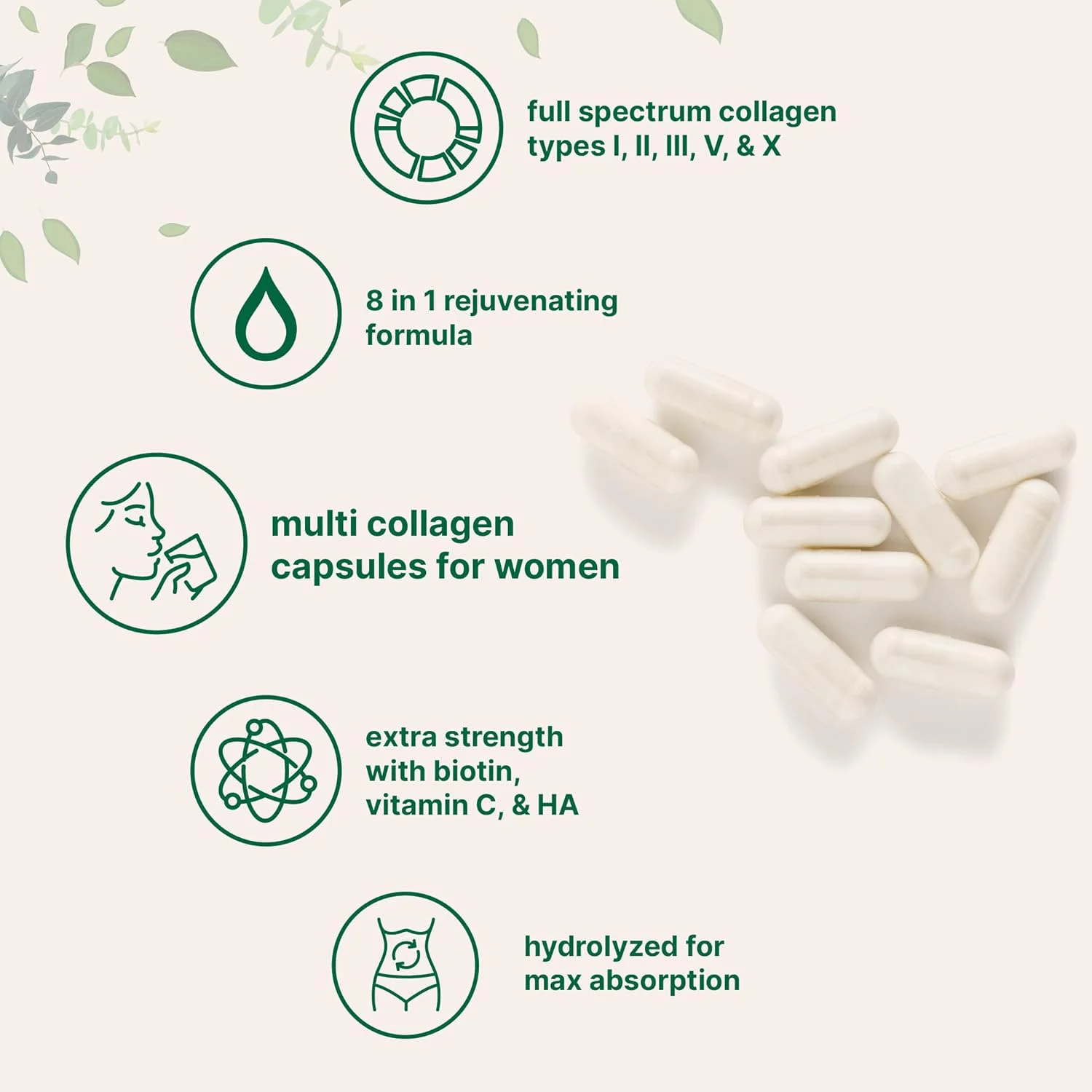 Multi Collagen Capsules Type I, II, III, V, X with Biotin &Vitamin C Supplement the Hair,Skin,Nails,and Joint For Women Healthy