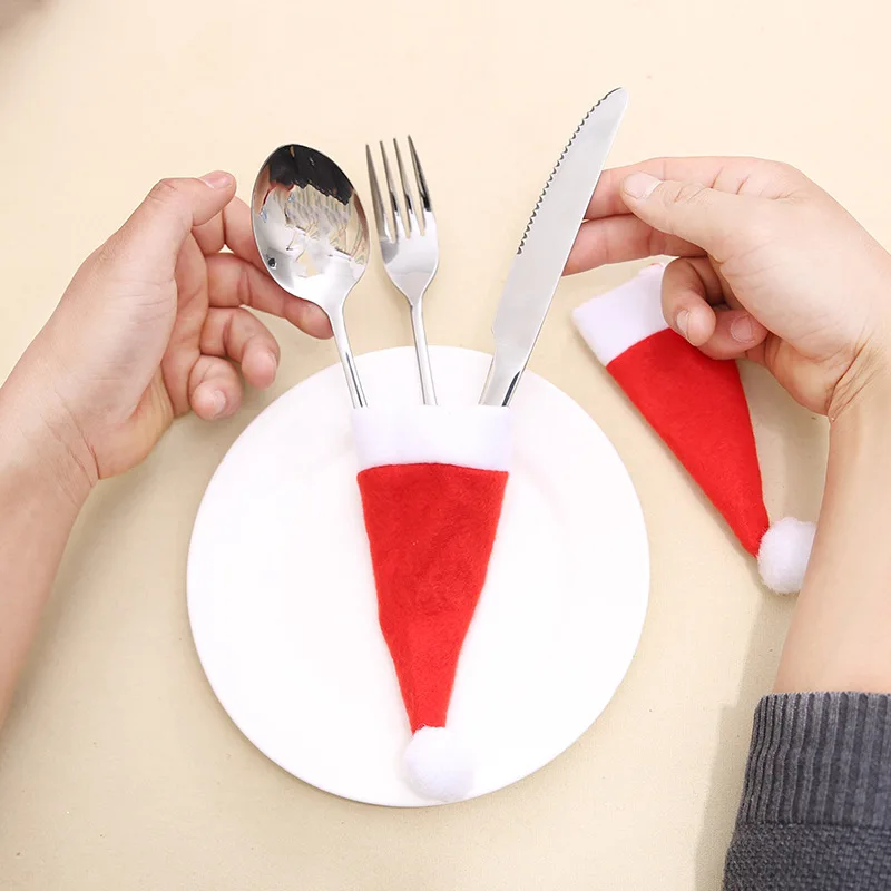 Wholesale Tableware Knife Fork Holder Bag Christmas Decorations Wine Glass Hats For Happy New Year Home Dinner Party Supplies