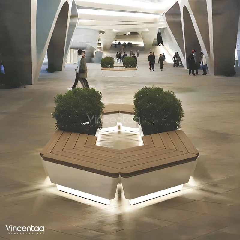 Modern Outdoor GRC Bench With Flowerpot LED Park Garden Seating