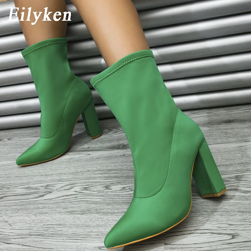 Eilyken 2023 Dropshipping Satin Pointed Toe Women Ankle Boots Concise Stretch Fabric Square High Heels Ladies Shoes