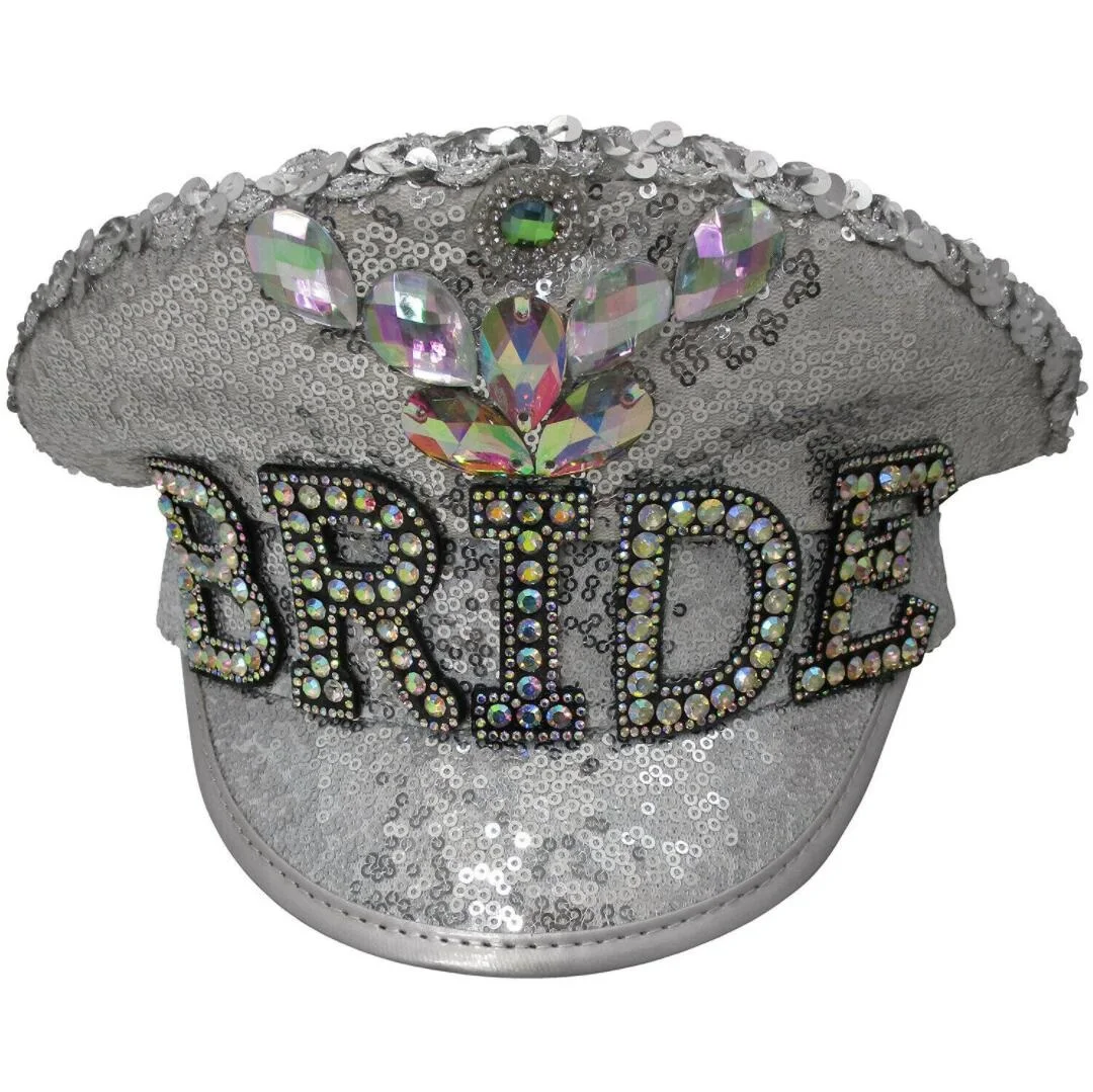 Deluxe Iridescent Silver Flip Sequin Jeweled Festival Military Captain Hat