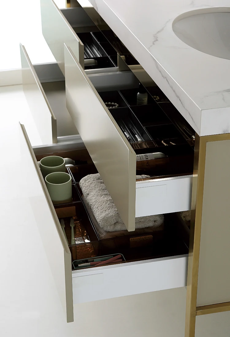 New Design Golden Metal Floor Standing Bathroom Mirror Vanity Storage Cabinet With Single Sink