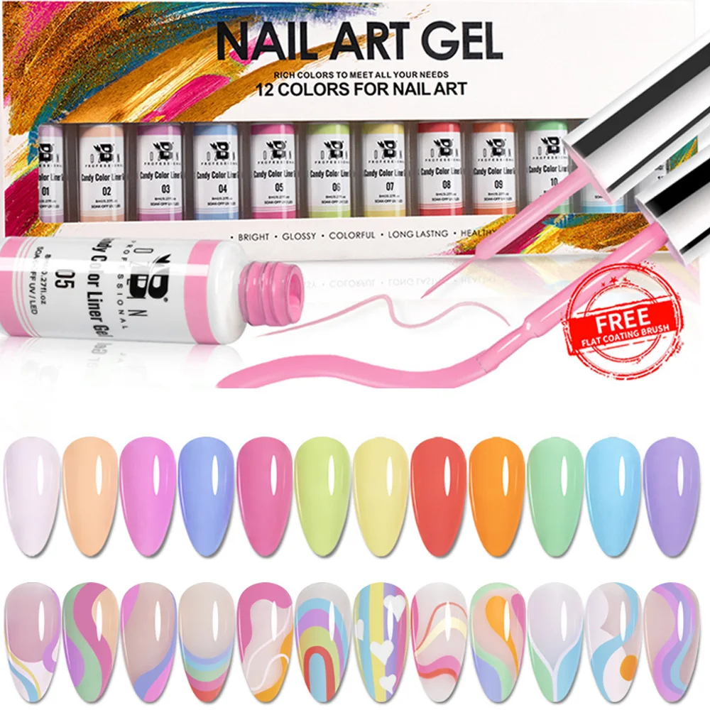 BOZLIN 12 Candy Color 8ml Ultra Fine Brush Pull Line Graffiti Nail Gel Polish Painting Stripe Design Nail Art Liner Gel Polish