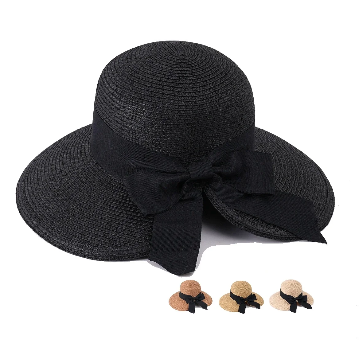 Wholesale Summer new large eave sun protection fashion hat ribbon bow basin hat female Foldable/Packable Straw hat for beach