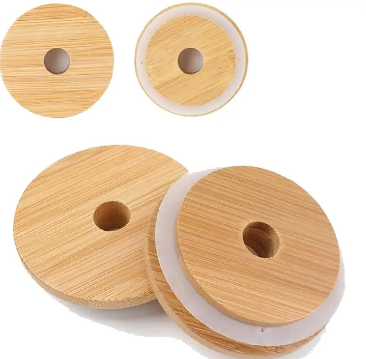 Bamboo Mason Jars Lids 70mm 88mm Wide Mouth Mason Jars with Drinking Straw Hole Mason Jars Lid