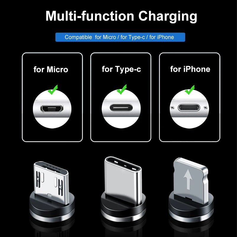 High Quality 3 In 1 Nylon Braided Glow Rotating Metal  Magnetic Cable 1M 3-In-1 Rotate Fast Charging Usb Cable Charger Cables