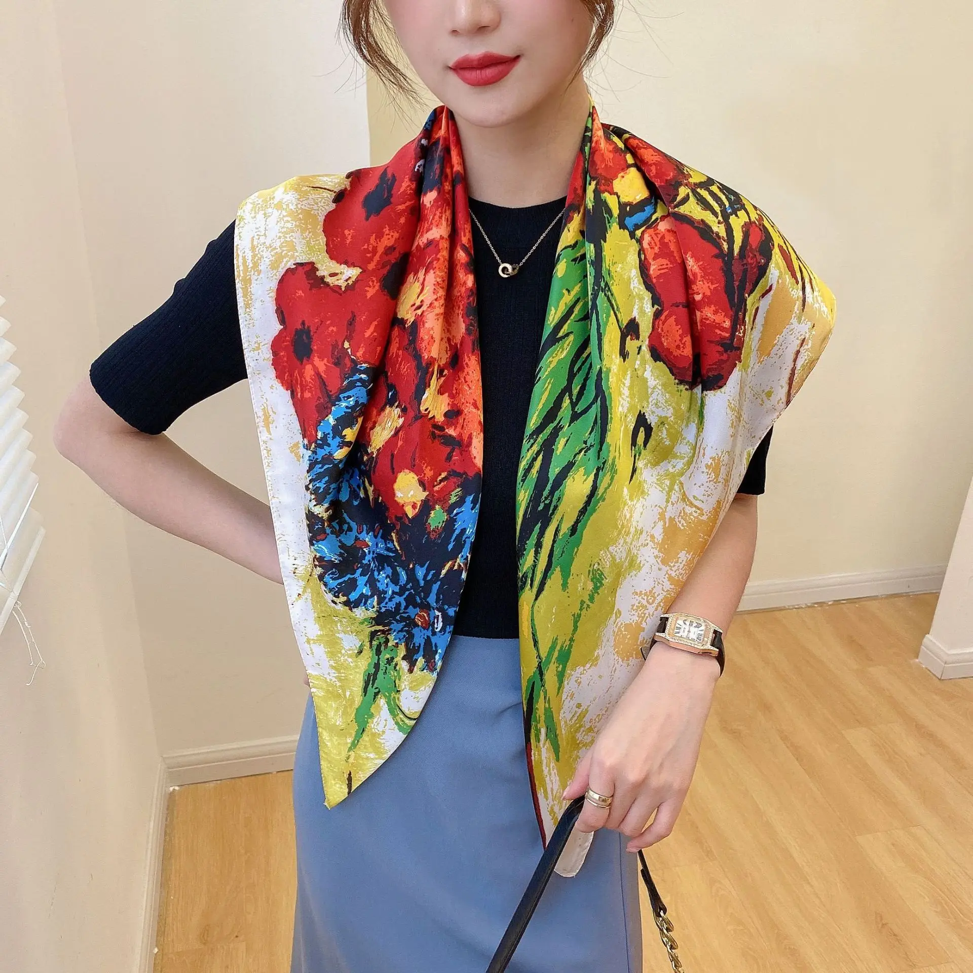 Модный Van Gogh Подсолнух картина маслом Красивый атласный квадратный шарф 90 см живой сети красный Шелковый