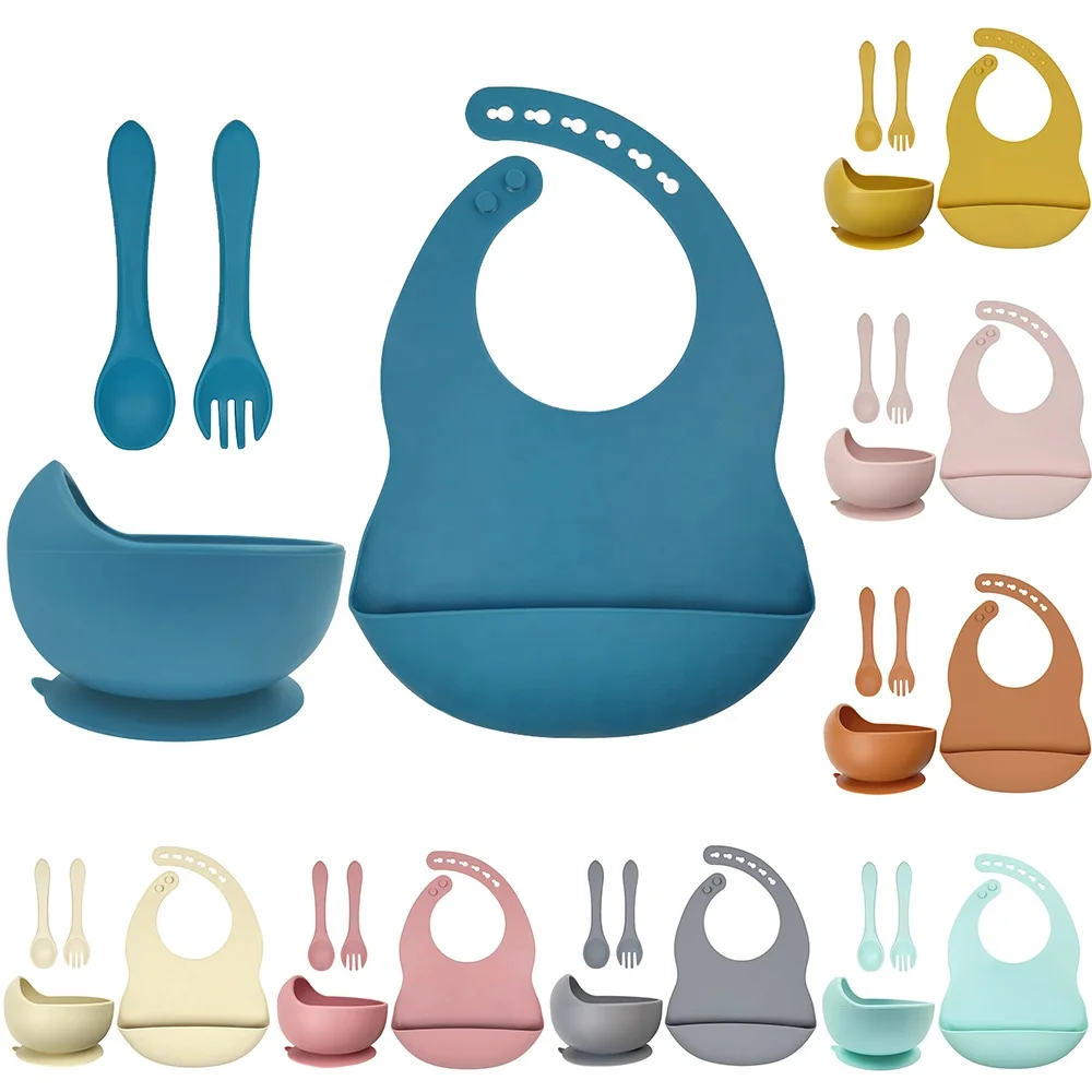 Silicone Bib Silicone Bowl With Cutlery Kits Food Grade BPA Free Non-silp With Strong Suction Bottom Bowl Spoon Kits