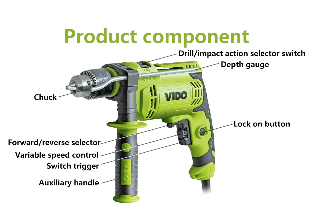VIDO cheap cost 230v 13mm variable speed switch electric impact drill