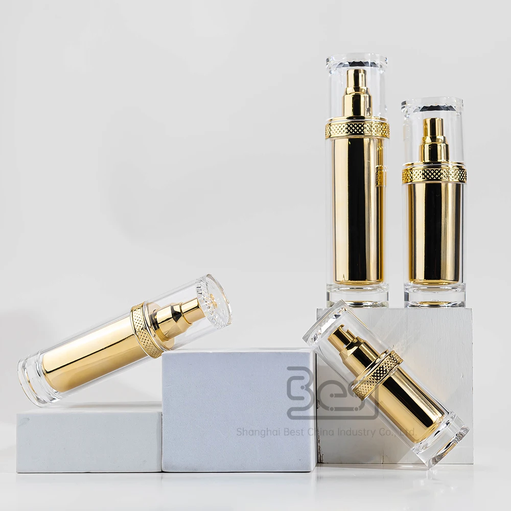 Body Lotion Bottle Cosmetic Container Acrylic Skincare Packaging Bottle and Jar Golden Luxury Skin Care Packaging Custom PET