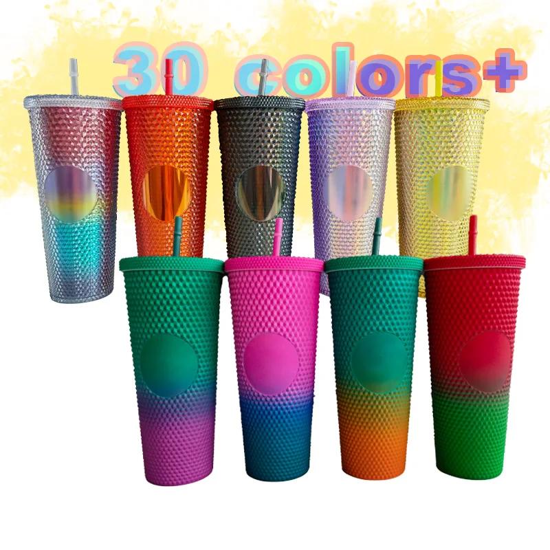 2023 NEW Hot DIY 16oz 24oz Cold Coffee Mug Double Wall Plastic Iridescent Matte Studded Cups Tumbler with Straw Lid