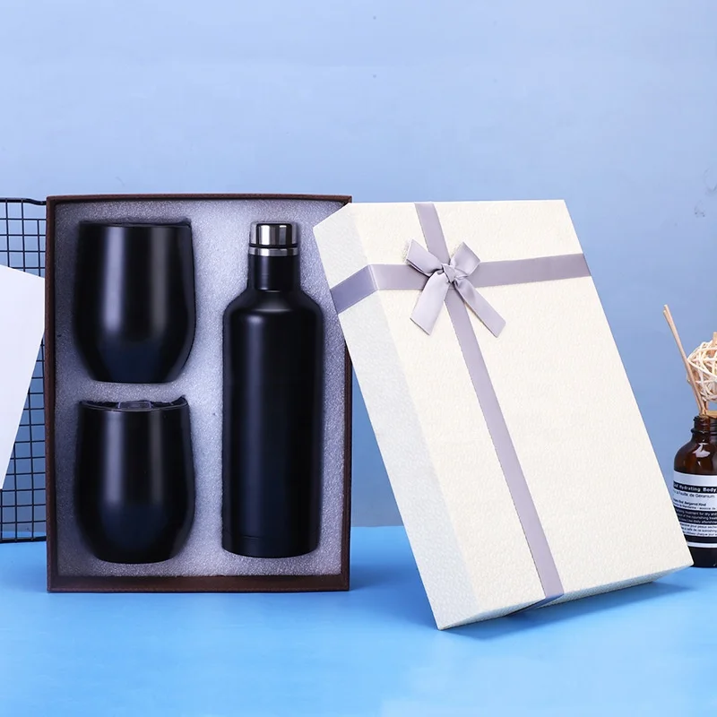 luxury insulated stainless steel wine tumbler chiller gift set with lid straw birthday 2*12oz tumbler 17oz wine bottle gift box