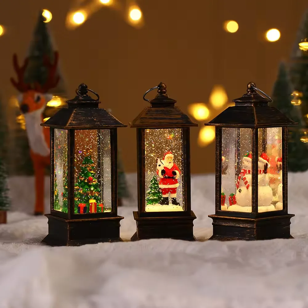 Christmas Snow Globe Light Quadrate Glitter Lantern Lamp Water Lantern Indoor Decoration Table Top Light Christmas Decor Battery