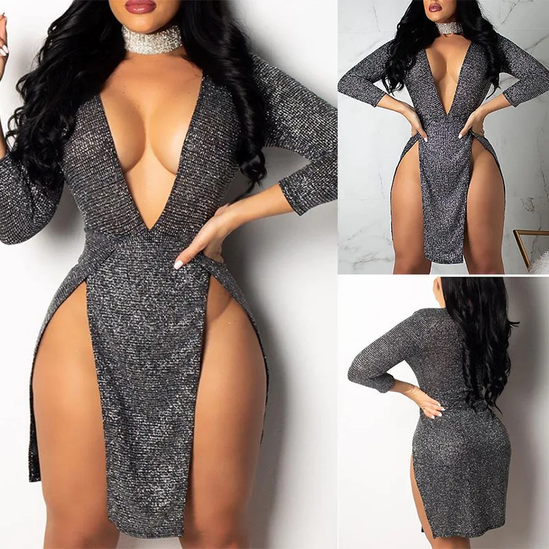 D0030 sexy nightclub dress hot film sequins deep V Sexy split dress