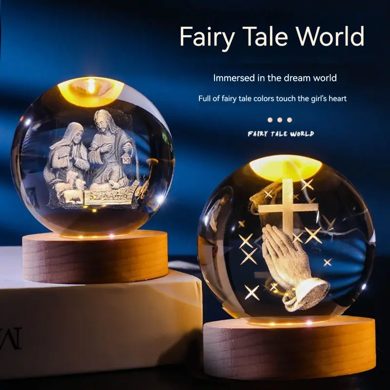 Jesus Crystal Laser Sculpted Ball Gift Decorated 3d laser sculpted crystal ball with Led light base christmas Crystal crafts