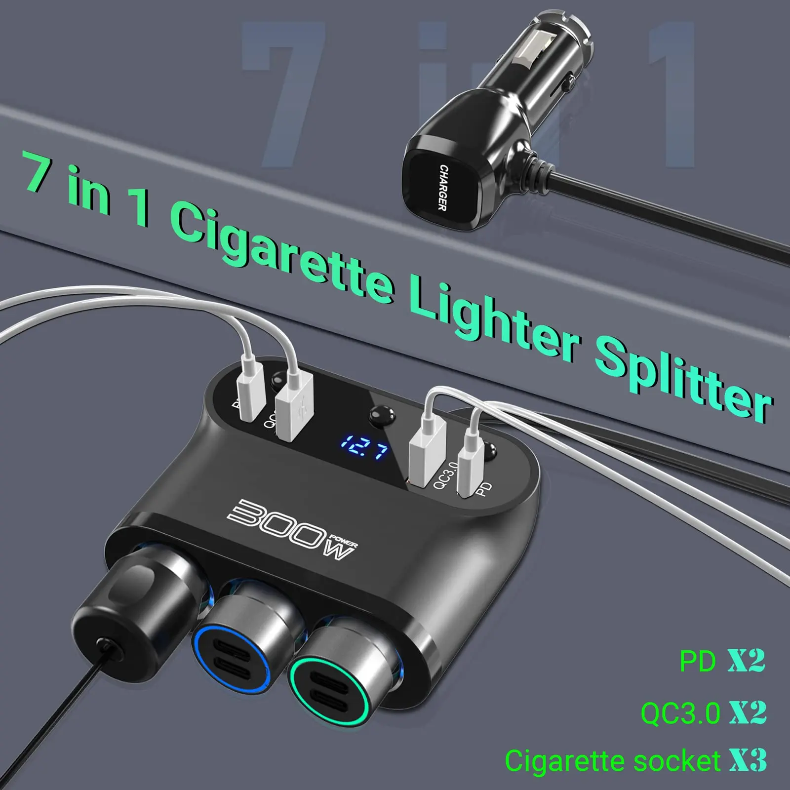 300W 3 Socket Car Charger Extensions 12V Splitter with Dual PD 30W QC 3.0 Fast Charger Car Plug 7 in 1 Cigarette Lighter Adapter