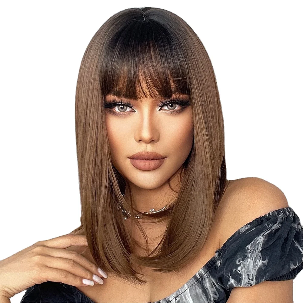 Medium Ombre Brown Synthetic Wig with Bangs Hair Natural Cosplay Wig with Dark Roots for Women Heat Resistant Fibre