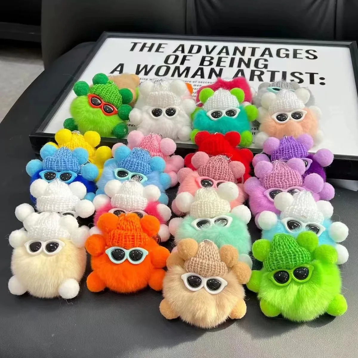 Cartoon Plush Doll Bag charm Pendant Key Rings Cool Sunglass Cap Coal Ball Plush keychains toys puff ball pompom keychain