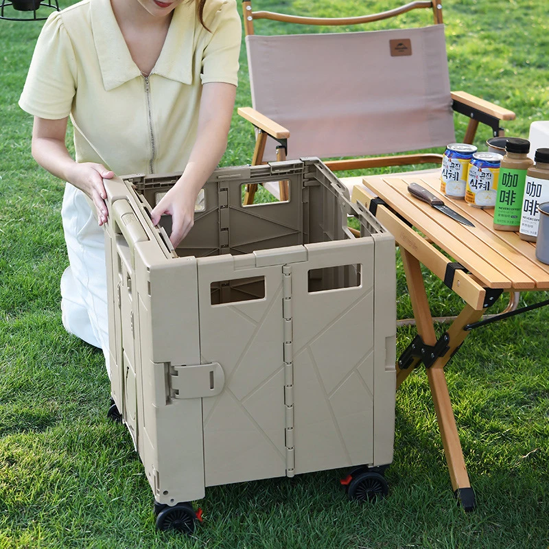 Multi Functional Shopping Cart Foldable Utility Cart Rolling Wheels Table Plate Telescopic Portable Plastic Cart with Wooden Lid