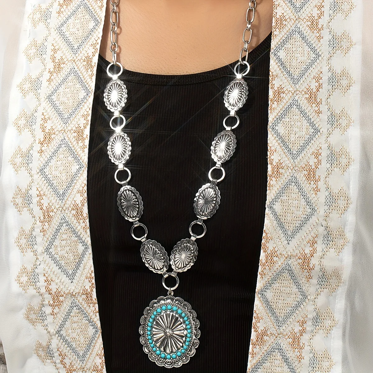 Handmade Boho Western Concho Medallion Necklace Ethnic Women Long Chain for Woman
