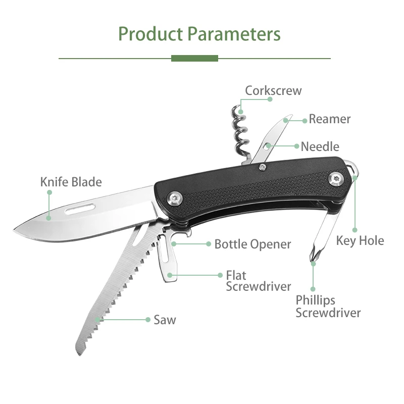 GHK Outdoor 8-in-1 Multifunction Knife Multitool Pocket-Sized with Stainless Steel Blade Saw Includes Screwdriver